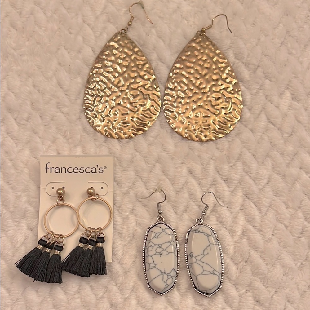 Francesca's Gold and Black Tassel Earrings Gold Tone Dangle Set of 3 Fashion